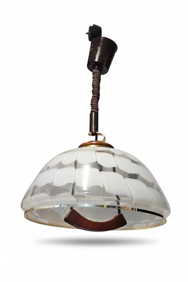 Lampa wisząca vintage Habeco Germany regulowana mleczne szkło drewno 67 cm