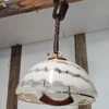 Lampa wisząca vintage Habeco Germany regulowana mleczne szkło drewno 67 cm