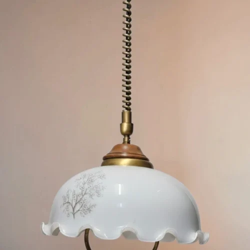 Lampa wisząca vintage regulowana biały szklany klosz kwiatowy wzór Italy 83 cm