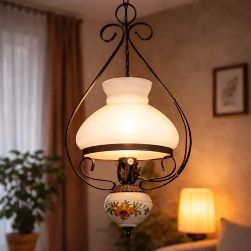 Lampa wisząca vintage rustykalna szkło mleczne ceramika kwiaty 69 cm