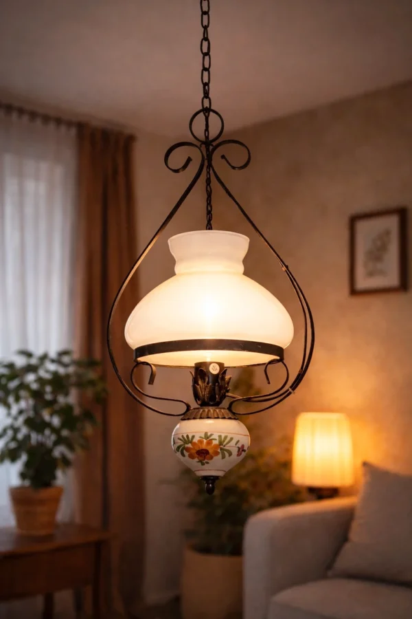 Lampa wisząca vintage rustykalna szkło mleczne ceramika kwiaty 69 cm