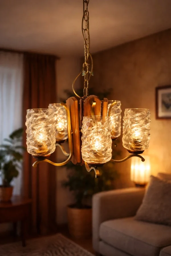 Lampa wisząca vintage 5 kloszy drewno szkło 85 cm
