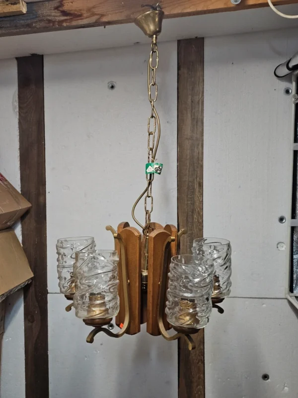 Lampa wisząca vintage 5 kloszy drewno szkło 85 cm