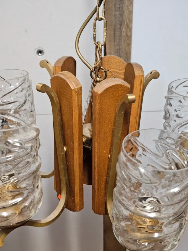 Lampa wisząca vintage 5 kloszy drewno szkło 85 cm