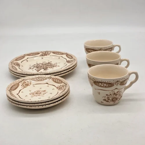 Zestaw kawowy vintage 3 osoby filiżanki + spodki + talerze brązowy wzór