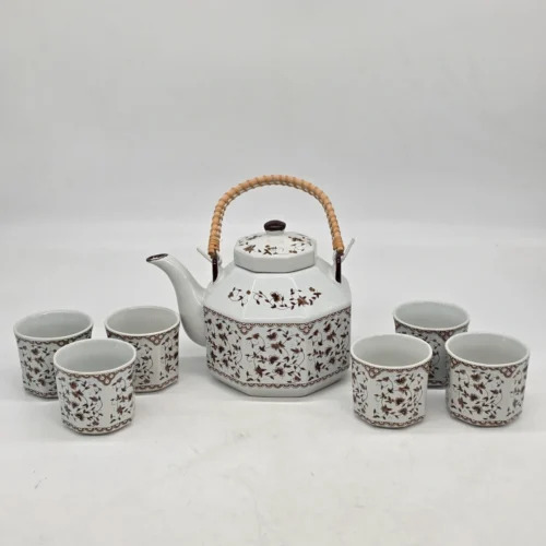 Zestaw do herbaty vintage czajnik z rattanową rączką 6 czarek orientalny