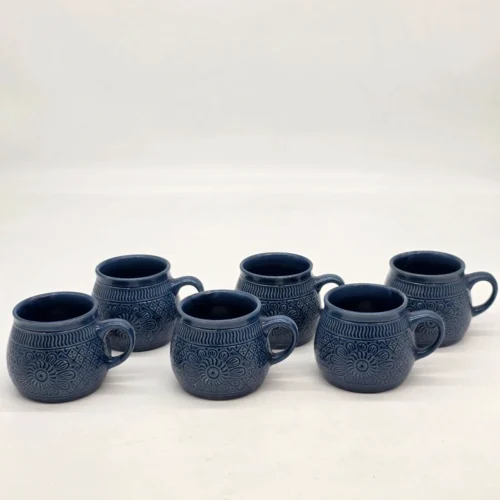Komplet 6 granatowych kubków ceramicznych reliefowych vintage retro