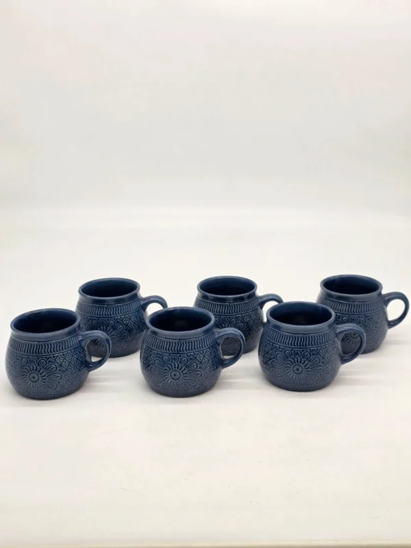 Komplet 6 granatowych kubków ceramicznych reliefowych vintage retro