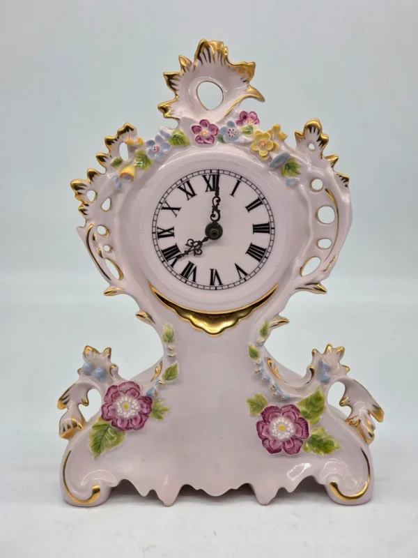 Zegar kominkowy H&C Czechosłowacja różowa porcelana ręcznie zdobiona 35 cm