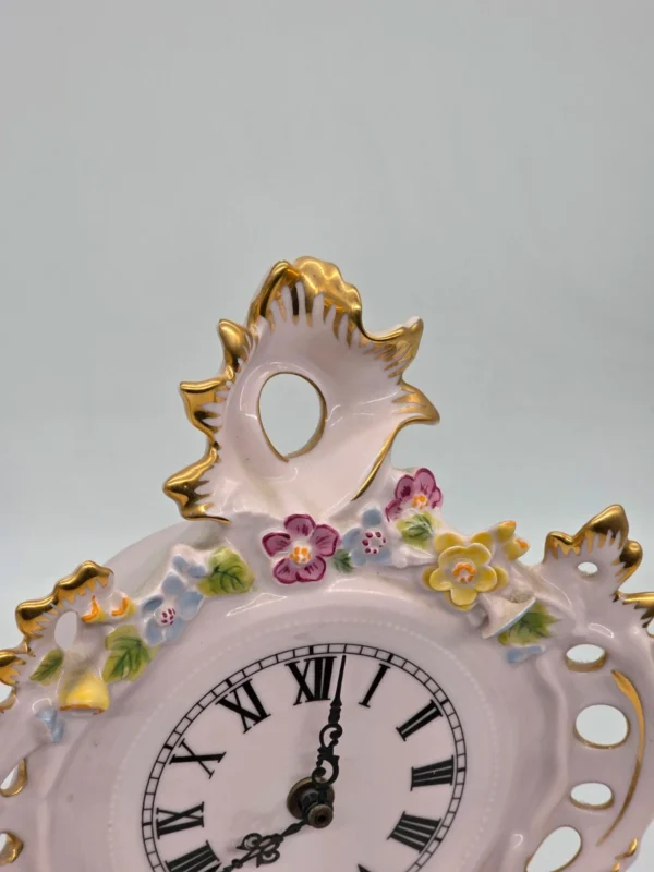 Zegar kominkowy H&C Czechosłowacja różowa porcelana ręcznie zdobiona 35 cm