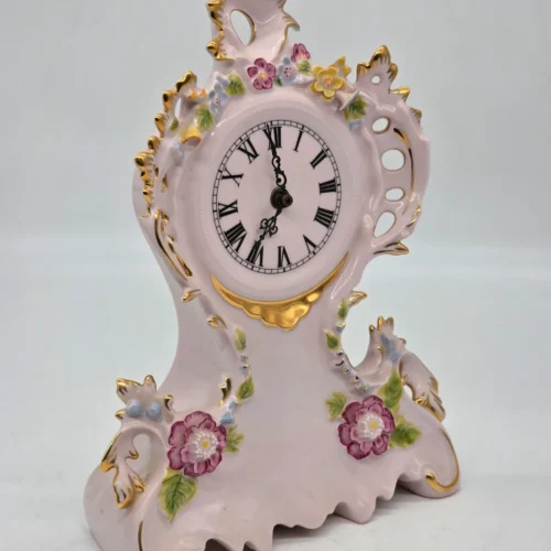 Zegar kominkowy H&C Czechosłowacja różowa porcelana ręcznie zdobiona 35 cm