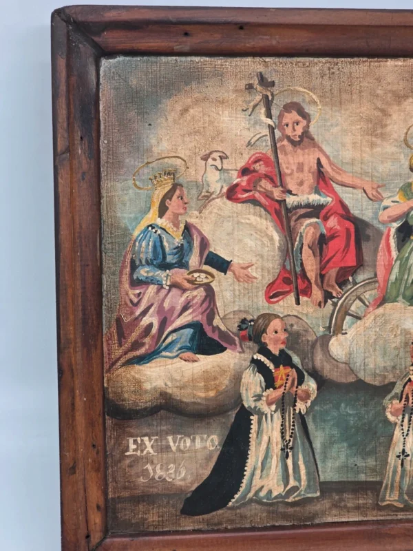 Obraz religijny Ex Voto 1836 malowany na drewnie w starej drewnianej ramie