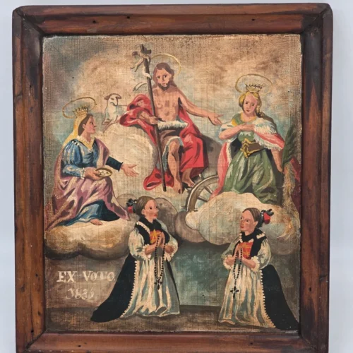 Obraz religijny Ex Voto 1836 malowany na drewnie w starej drewnianej ramie