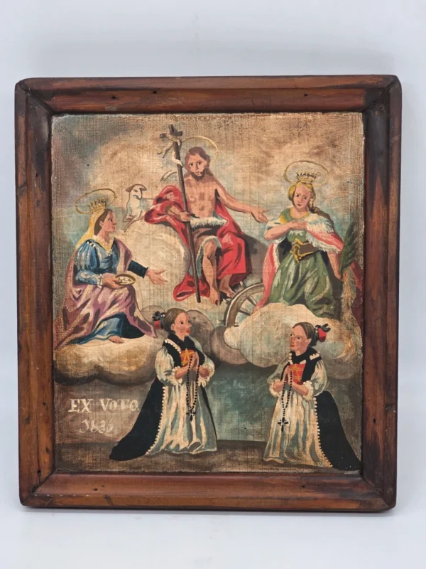 Obraz religijny Ex Voto 1836 malowany na drewnie w starej drewnianej ramie