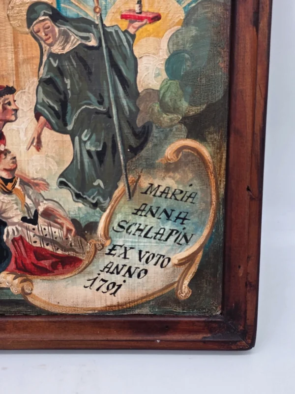 Obraz religijny ex voto 1791 Maria Anna Schlapin malowany na drewnie