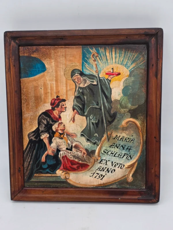 Obraz religijny ex voto 1791 Maria Anna Schlapin malowany na drewnie