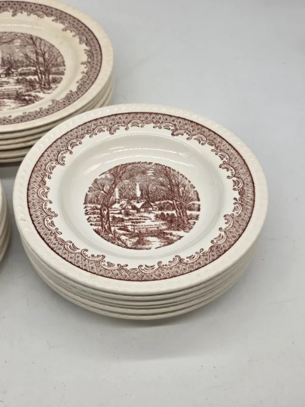 Komplet talerzy 6 osób brązowy pejzaż vintage 18 elementów
