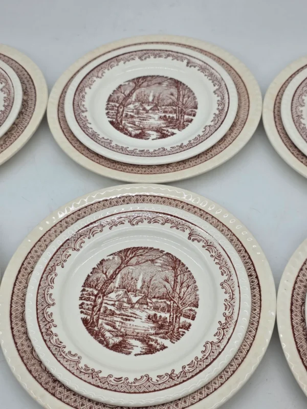 Komplet talerzy 6 osób brązowy pejzaż vintage 18 elementów