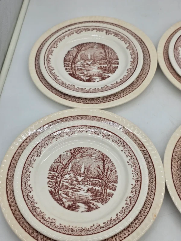 Komplet talerzy 6 osób brązowy pejzaż vintage 18 elementów