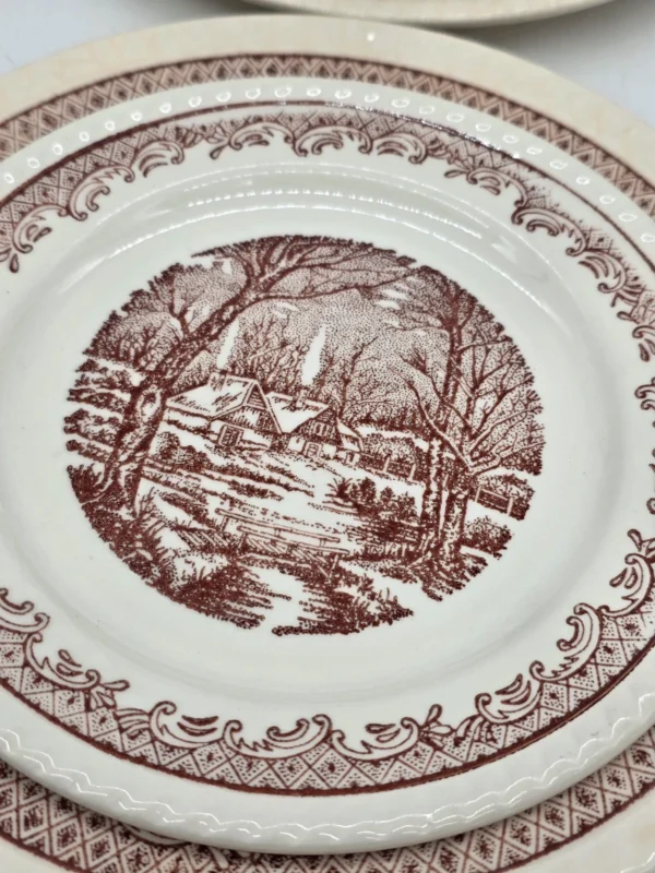 Komplet talerzy 6 osób brązowy pejzaż vintage 18 elementów