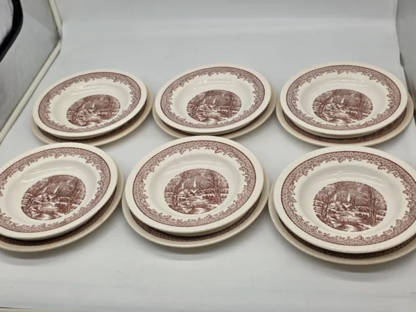 Komplet talerzy 6 osób brązowy pejzaż vintage 18 elementów