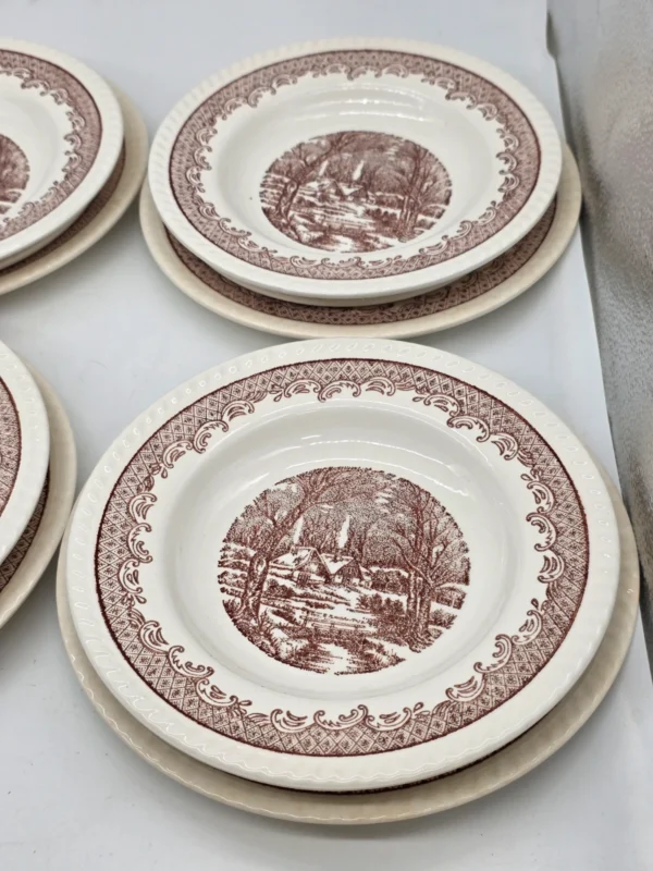 Komplet talerzy 6 osób brązowy pejzaż vintage 18 elementów