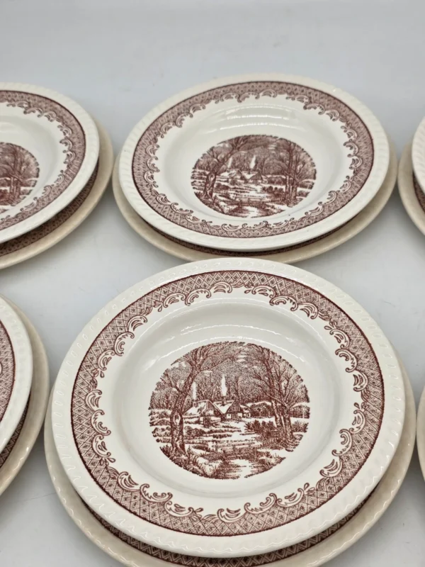 Komplet talerzy 6 osób brązowy pejzaż vintage 18 elementów