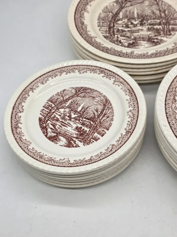 Komplet talerzy 6 osób brązowy pejzaż vintage 18 elementów