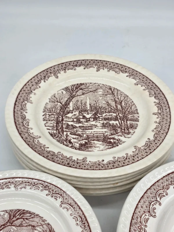 Komplet talerzy 6 osób brązowy pejzaż vintage 18 elementów