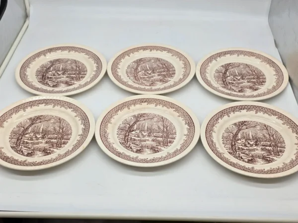 Komplet talerzy 6 osób brązowy pejzaż vintage 18 elementów