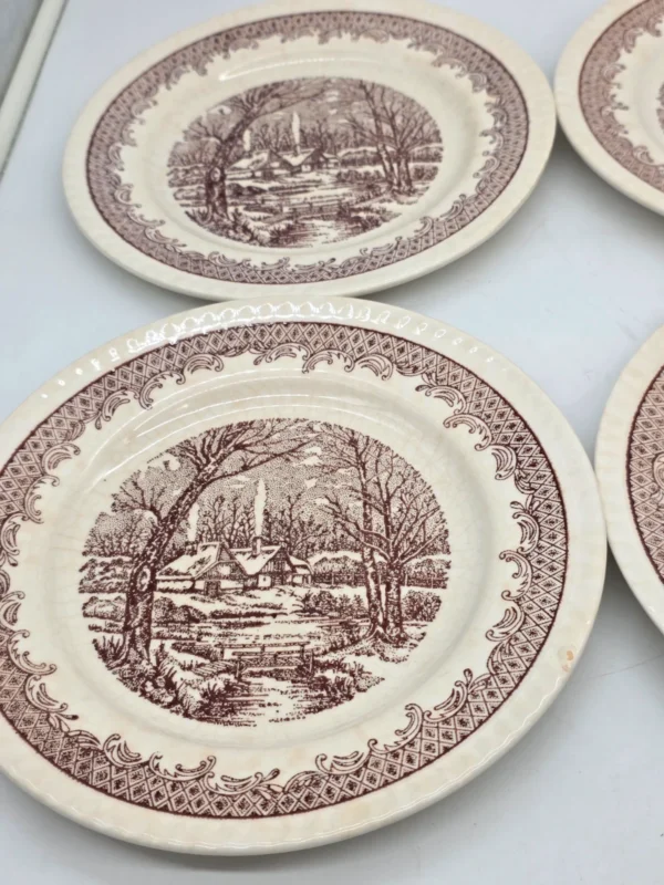 Komplet talerzy 6 osób brązowy pejzaż vintage 18 elementów