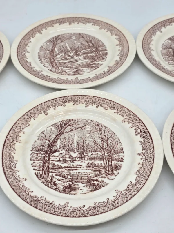 Komplet talerzy 6 osób brązowy pejzaż vintage 18 elementów
