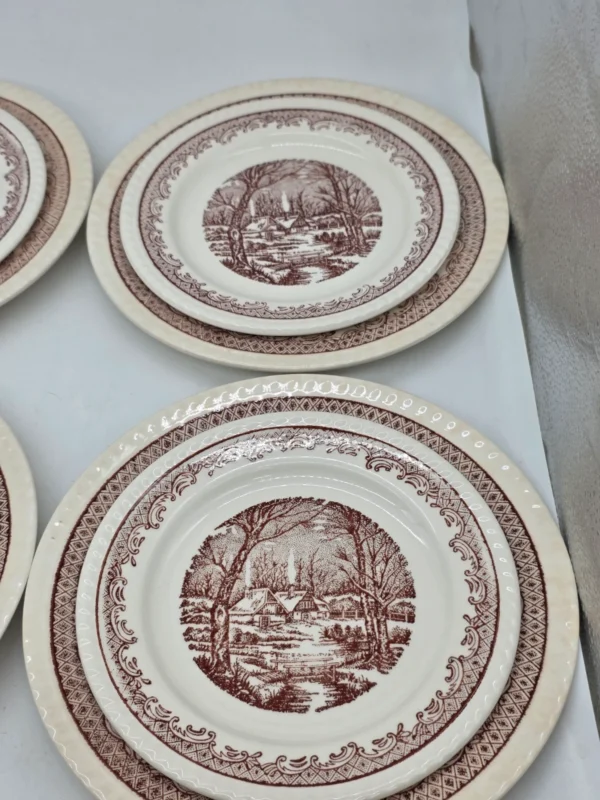 Komplet talerzy 6 osób brązowy pejzaż vintage 18 elementów