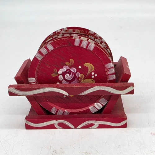 Komplet drewnianych podkładek folk 6 sztuk ze stojakiem czerwone ręcznie malowane vintage