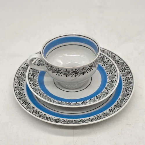 Filiżanka trio BLB Saxonia vintage biało niebieskie geometryczny wzór porcelana
