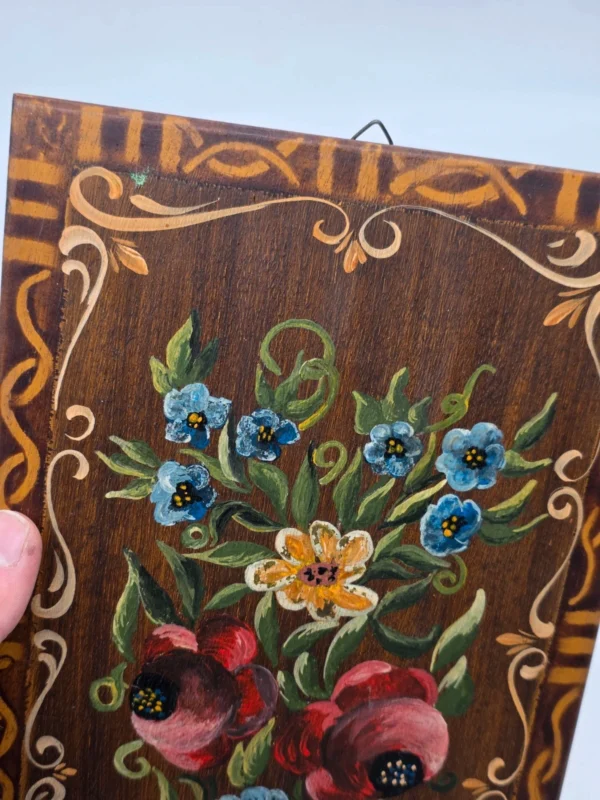Obraz ludowy na desce sygnowany kwiaty folk 20x30