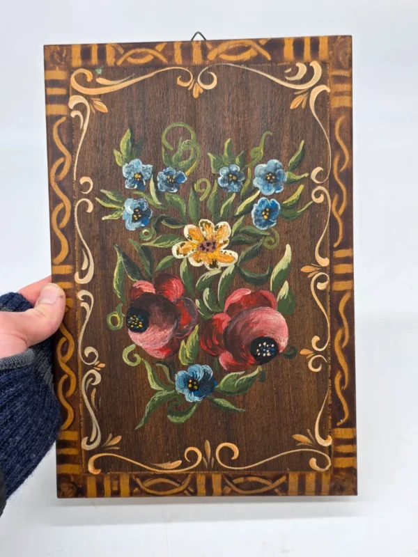 Obraz ludowy na desce sygnowany kwiaty folk 20x30