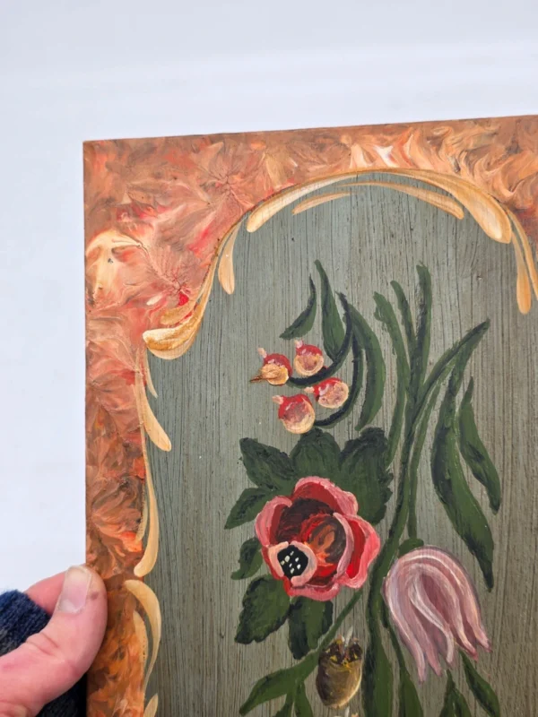 Obraz ludowy na desce sygnowany kwiaty folk 20x30