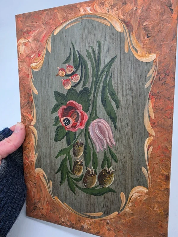 Obraz ludowy na desce sygnowany kwiaty folk 20x30
