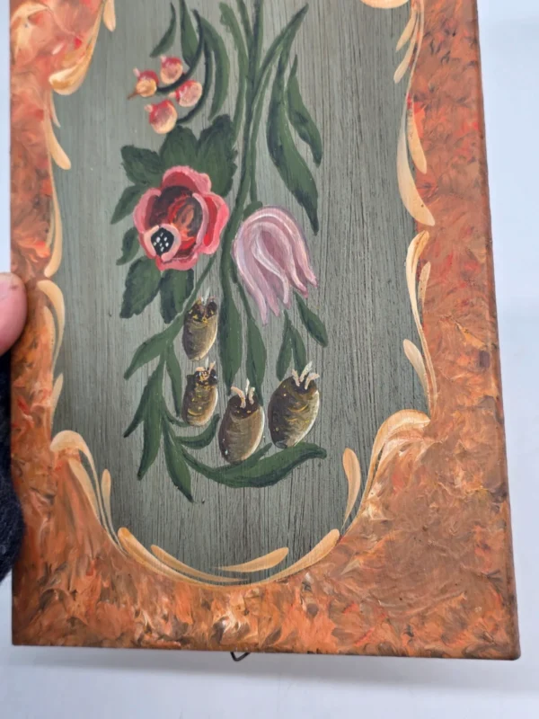 Obraz ludowy na desce sygnowany kwiaty folk 20x30