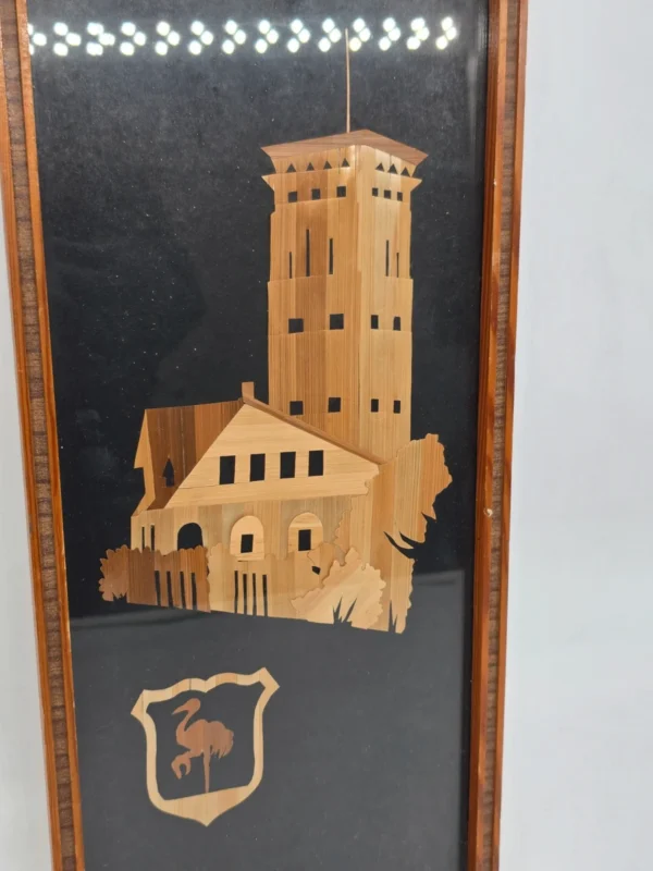 Obraz intarsja wieża ratusz herb bocian vintage ręczna praca 19x42