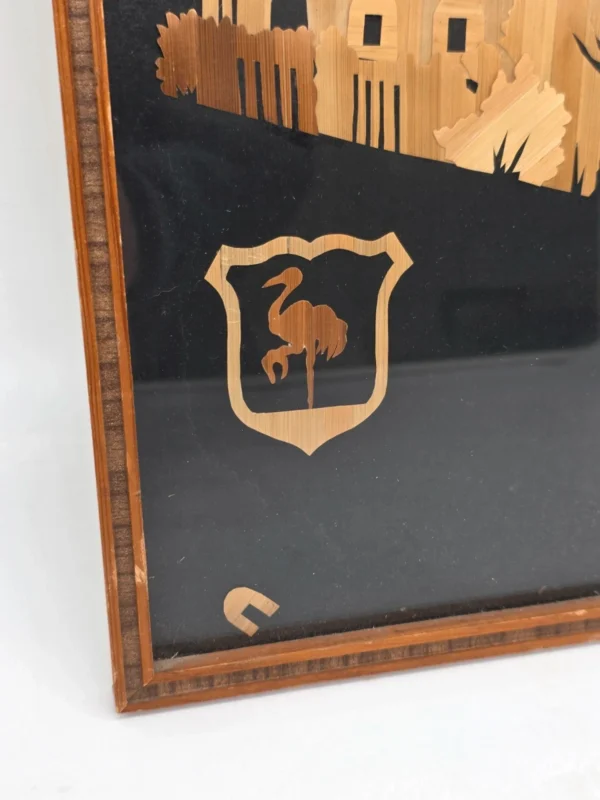 Obraz intarsja wieża ratusz herb bocian vintage ręczna praca 19x42