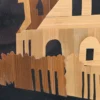 Obraz intarsja wieża ratusz herb bocian vintage ręczna praca 19x42