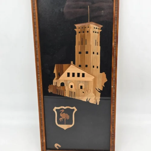 Obraz intarsja wieża ratusz herb bocian vintage ręczna praca 19x42