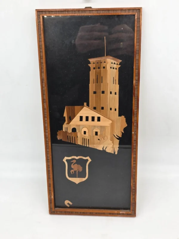 Obraz intarsja wieża ratusz herb bocian vintage ręczna praca 19x42