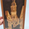 Obraz intarsja drewniana uliczka z kościołem vintage 19x42
