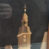 Obraz intarsja drewniana uliczka z kościołem vintage 19x42
