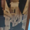 Obraz intarsja drewniana uliczka z kościołem vintage 19x42