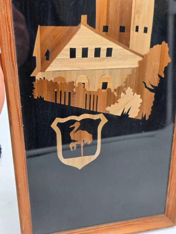 Obraz intarsja wieża ratusz herb bocian vintage ręczna praca 19x42
