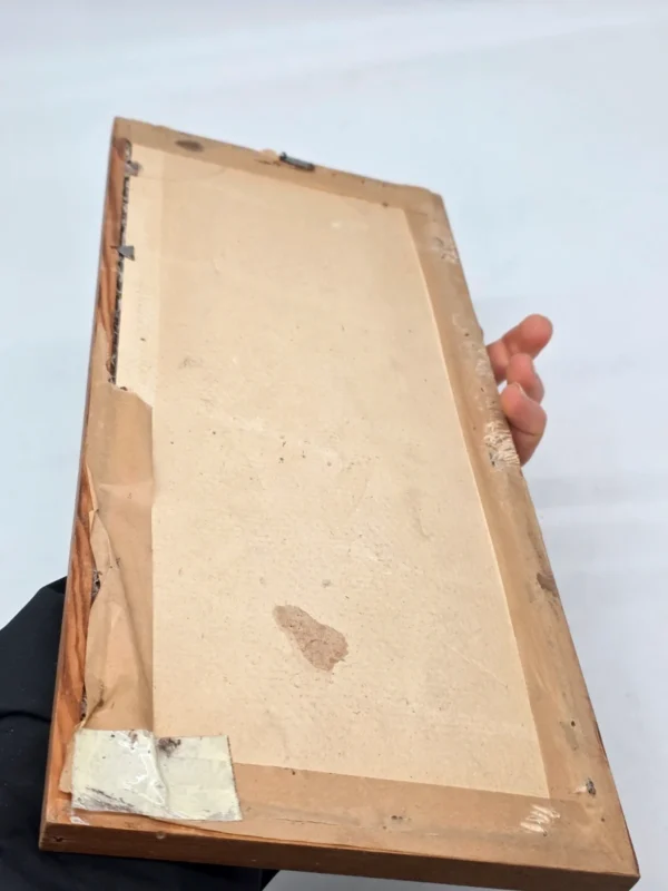 Obraz intarsja wieża ratusz herb bocian vintage ręczna praca 19x42